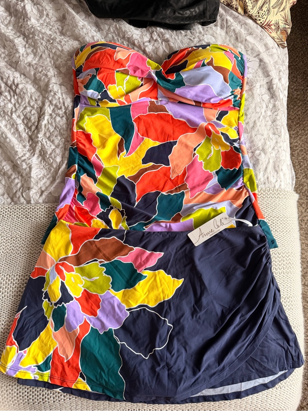 NWT Anne Cole Navy Multicolor Floral Strapless Swim Top and Skirt